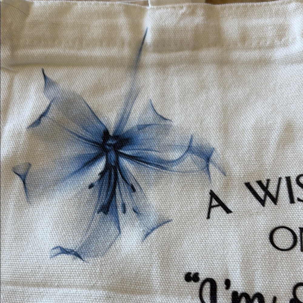 White Canvas Zipper Tote Bag with Blue Floral Design - Picture 4 of 5
